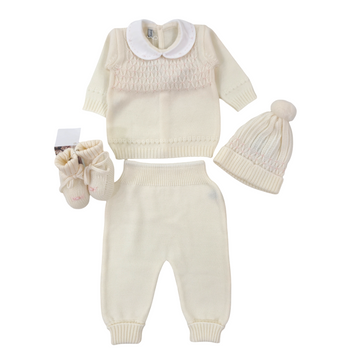 Set completo nascita in lana punto smock in rosa