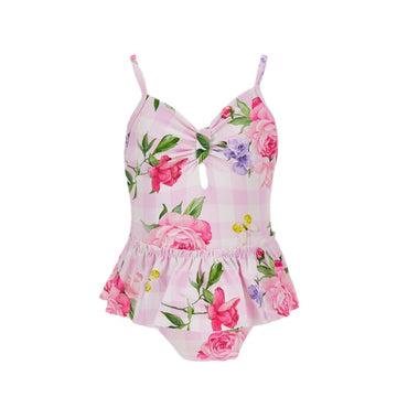 Costume Bimba intero stampa vichy e floreale