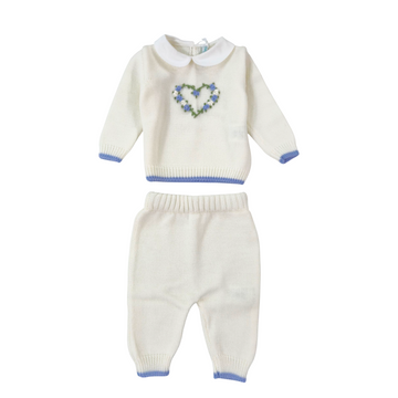 Completo neonato in lana ricamo cuore e fiori Bebè di Almy