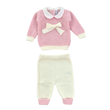 Completo a maglia in pura lana con fiocco