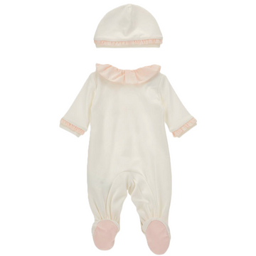 Set tutina e cuffia con fiocchi e balze