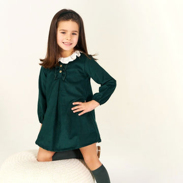 Abito Bimba in velluto verde a costine e batista
