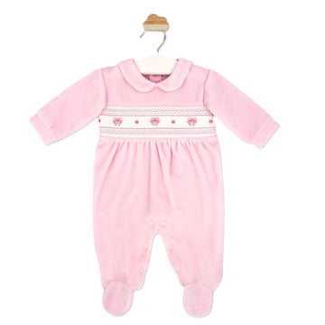 Tutina neonata in ciniglia punto smock e ricamo
