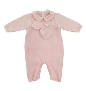 Tutina in pura lana con fiocco e rosa ricamata