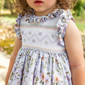 Abito bimba in cotone e ricamo punto smock