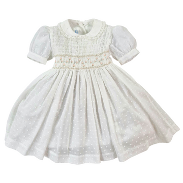 Abito cerimonia in cotone plumetis e ricamo punto smock