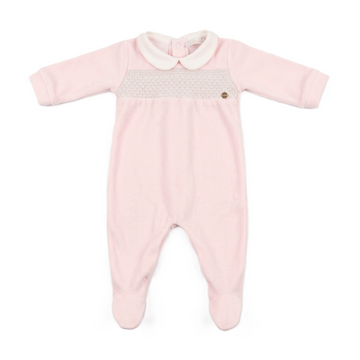 Tutina Rosa in ciniglia ricamo punto smock