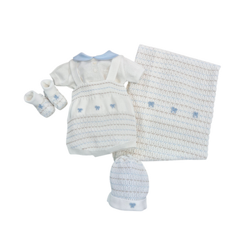Set nascita con salopette corta ricamo fiocchetti