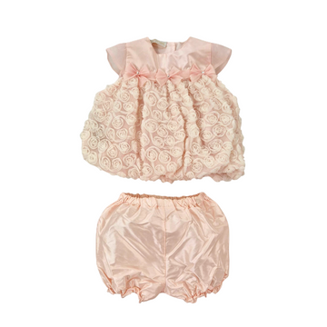 Completo neonata in seta shantung con rose