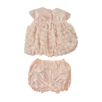 Completo neonata in seta shantung con rose