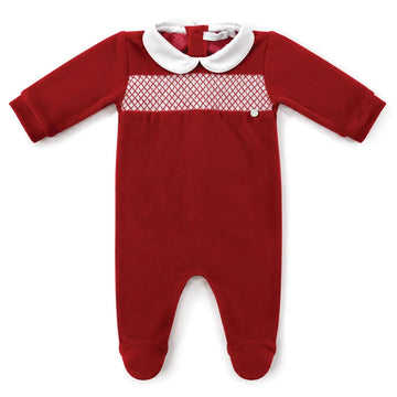 Tutina Rossa in ciniglia ricamo punto smock