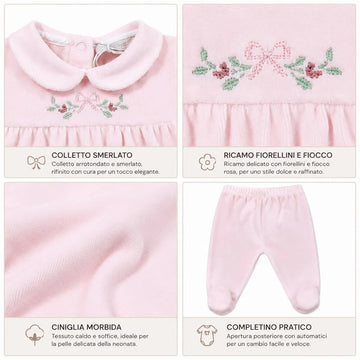 Completo neonata in ciniglia ricamo fioellini