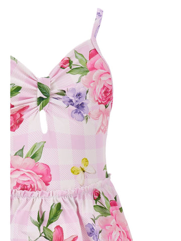 Costume Bimba intero stampa vichy e floreale