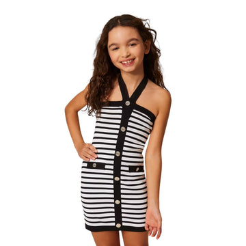 Abito Girl corto in maglia a righe con bottoni