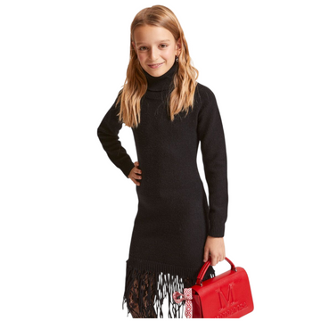 Abito Bambina in maglia con frange e collo alto