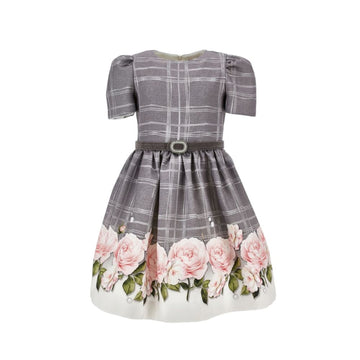 Abito Bimba Mikado con rose e cintura strass
