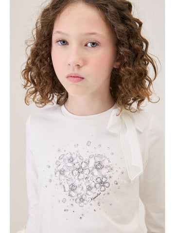 T-shirt Bimba jersey Cuore e fiocco con strass