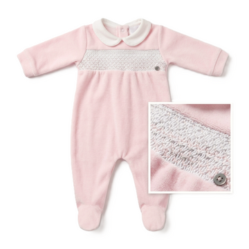 Tutina Rosa in ciniglia ricamo punto smock