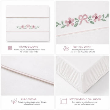 Set lenzuola culletta e carrozzina ricamo fiorellini