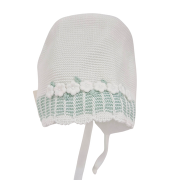 Cappello cuffia filo cotone ricamo fiori verde