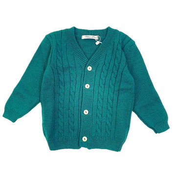 Cardigan bimbo 100% lana a trecce verde