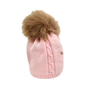 Cappello lana con cuori e pon pom pelliccia