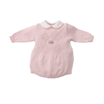 Pagliaccetto lana Rosa punto smock e ricamo