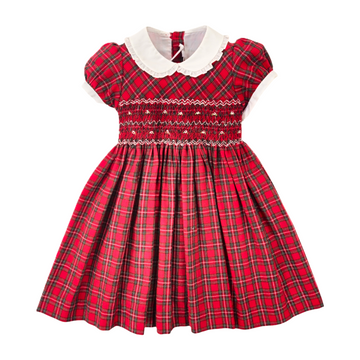 Abito bimba in tartan con ricamo punto smock