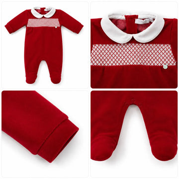 Tutina Rossa in ciniglia ricamo punto smock